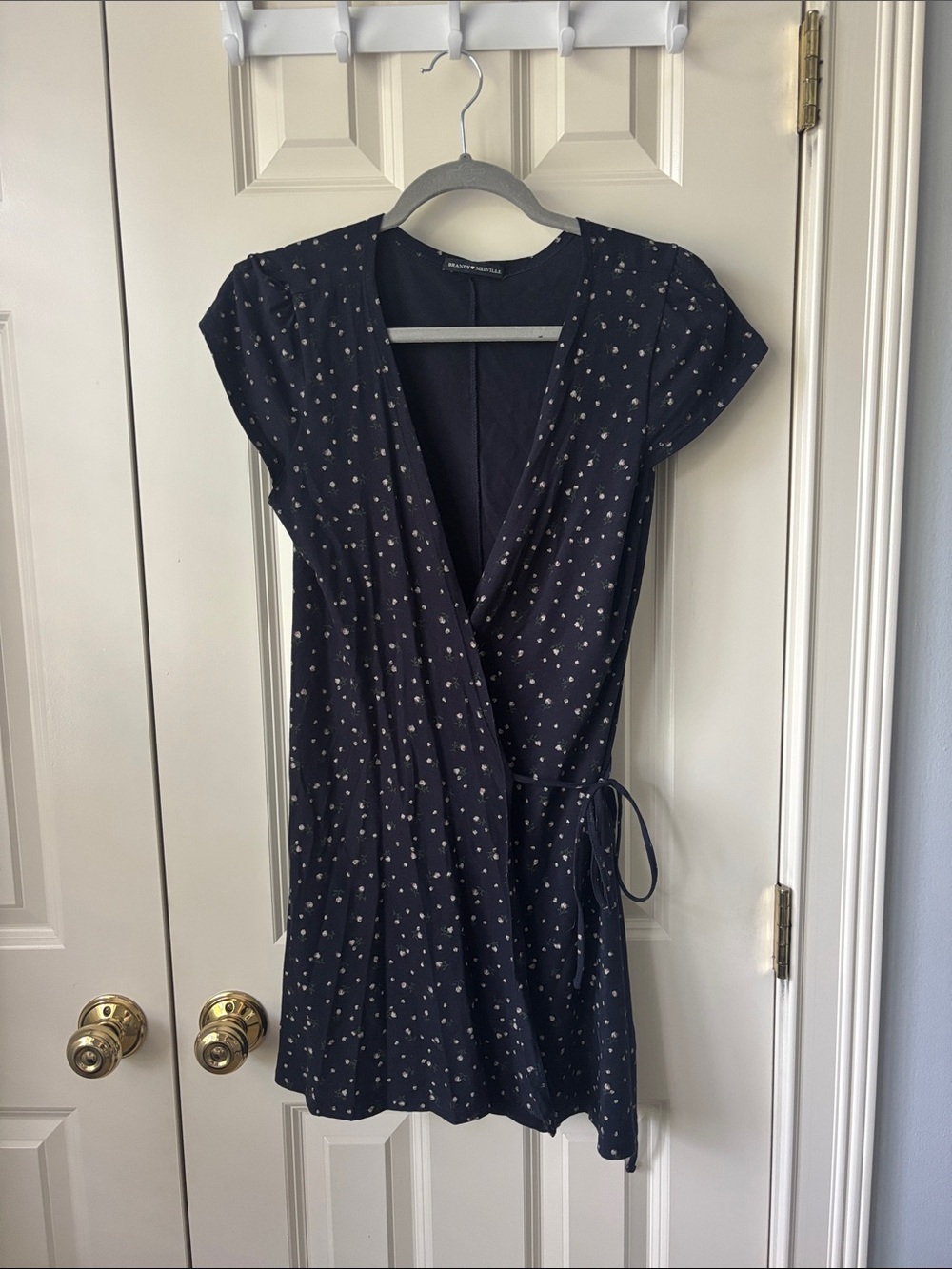 Brandy Melville Navy Mini Wrap Dress with Cream Floral Print